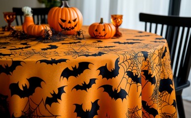 A spooky Halloween tablecloth with bats, spider webs, and pumpkins in orange and black colors