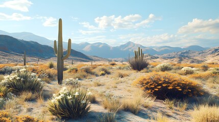 Cinematic shot of the Arizona desert with cacti and mountains in the background, sunny day