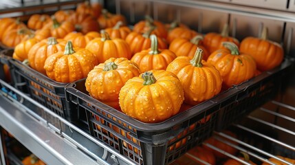 Bright orange pumpkins arranged in baskets ready for autumn festivities at a local market in October. Generative AI