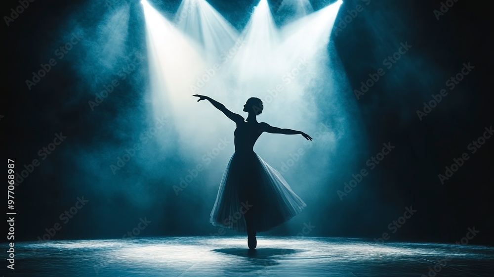 Wall mural Elegant dancer performing solo under dramatic stage lighting, creating a captivating theatrical atmosphere. 