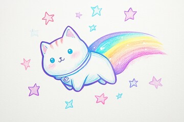 A cute baby cat in a spacesuit waves happily while floating among colorful stars. The playful illustration uses a rainbow gradient, giving the scene a whimsical and cheerful vibe.