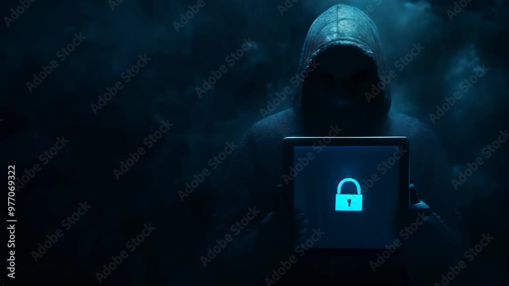 Poster Hooded hacker with a secure digital padlock on the screen in a dark room. Cybersecurity and information privacy concept.