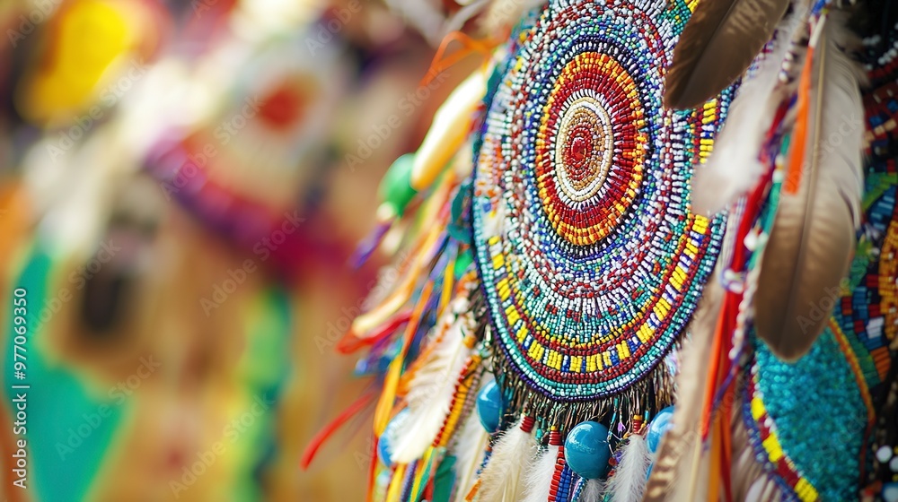 Wall mural Close-up photo of Native American dancers regalia at a colorful powwow, showcasing beadwork and feathers with stunning beauty and craftsmanship