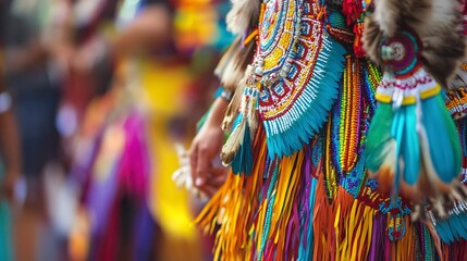 Close-up photo of Native American dancers regalia at a colorful powwow, showcasing beadwork and feathers with stunning beauty and craftsmanship 