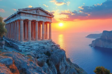 an ancient Greek temple at sunset, showcasing its classical architecture with a stunning orange and pink sky. View through the columns creates a perfect scene of serenity and history.