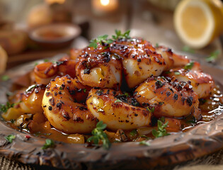 Spanish Pulpo a la Gallega Octopus, Rustic Side View on Wooden Table
