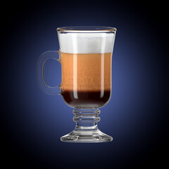 Irish Coffee glass on accent gradient background. Bar theme. Alcoholic drink. 3d rendering.