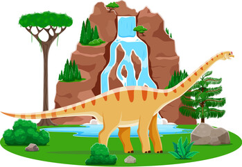 Aragosaurus prehistoric dinosaur character roaming at serene nature scene. Cartoon vector herbivore dino sauropod standing at Early Cretaceous era landscape with tall tree, green plants and waterfall