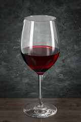 Glass with red wine on wooden table on grunge style wall background. Bar theme. Dark environment. 3d rendering.