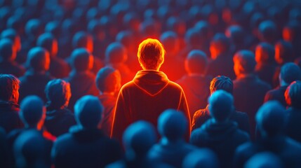 A person wearing dark glowing orange is standing in the center of an audience, facing backward with their back to us.