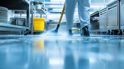 Person cleaning commercial kitchen floor with mop. Low-angle view in industrial kitchen environment