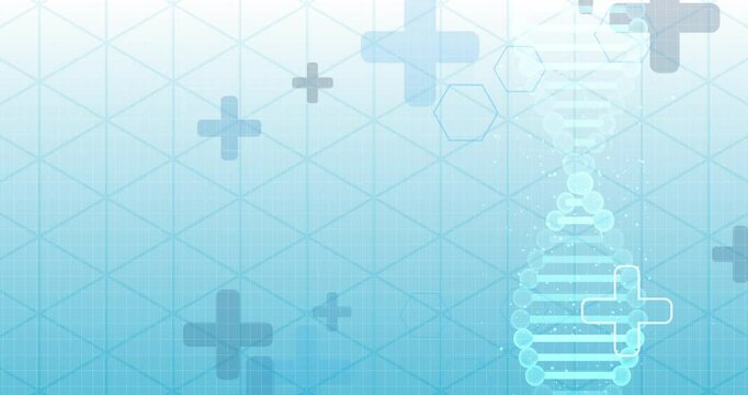 Medical, health and increase with icons for DNA, healing or pattern on a blue background. Abstract, addition or plus sign floating in motion with genetic atom for healthcare, cure or restoration