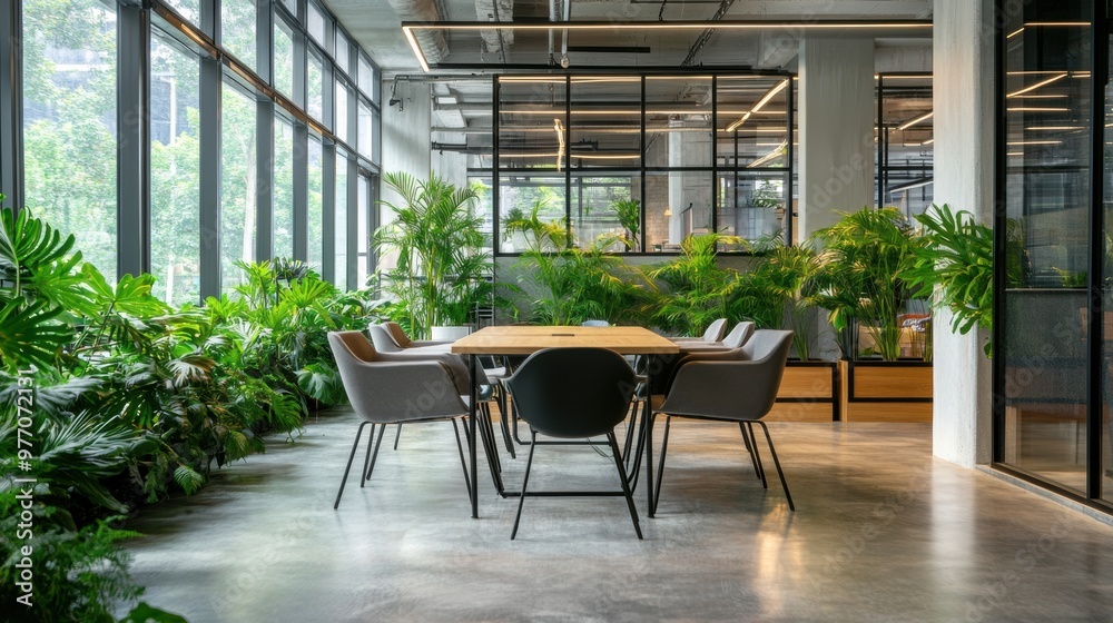 Poster A table and chairs in a large room with plants, AI