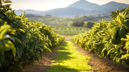 Avocado trees in a farm with green hills in the background.