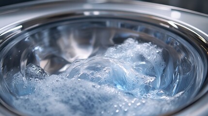 Washing machine interior with soapy water and foam. Laundry cleaning process concept.