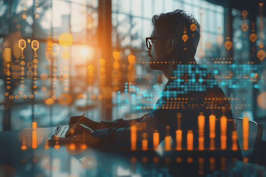 Double exposure of a corporate employee at a desk, combined with digital charts and graphs.