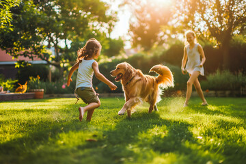 Fototapeta na wymiar Happy family playing with happy golden retriever dog on the backyard lawn.