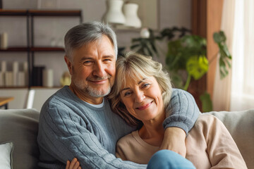 Happy mature husband and wife sit rest on couch at home hugging and cuddling, show care affection, smiling senior loving couple relax on sofa have fun, enjoy tender romantic family weekend together