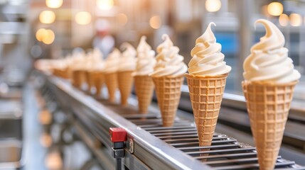 Conveyor belt at a dairy with ice cream cones	

