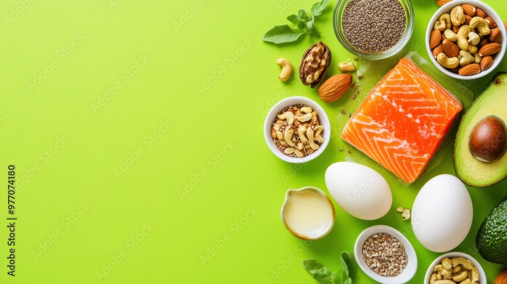 Sticker A variety of foods are arranged in bowls on a green background, AI