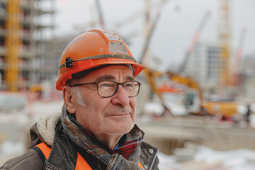 Focus on a charismatic architect, in the background construction for a mega warehouse cranes.
