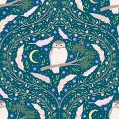 Owl bird and feather floral garden seamless pattern, baby bird owlet green forest botanical background. Good for fabric, fashion design, duvet, bedding, wallpaper, textile.