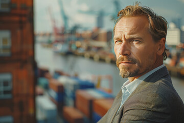 Obraz premium Focus on a charismatic architect, in the background construction for a mega warehouse cranes.