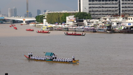 Naklejka premium The training of Grand Royal Barge Procession for the Royal Kathin Ceremony on Chao Phraya River.