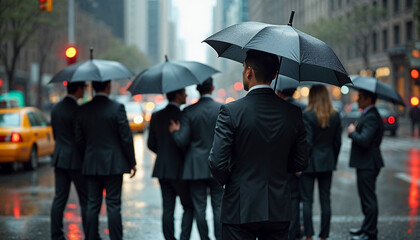 Businesspeople with umbrellas on a rainy New York street, with reflections and urban ambiance.






