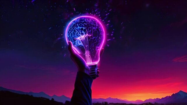 A hand holds a glowing lightbulb with a brain inside against a purple and pink sunset sky with mountains in the distance.