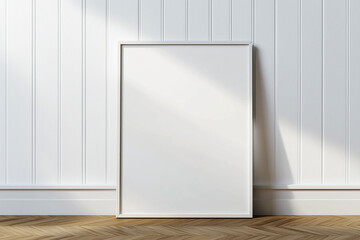 A blank white frame leaning against a textured wall with soft natural light, ideal for artwork, poster, or design mockups in a modern setting