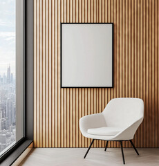 Empty black frame on a wooden slat wall with a modern white armchair next to a large window overlooking a cityscape. Contemporary interior design concept for art display and print