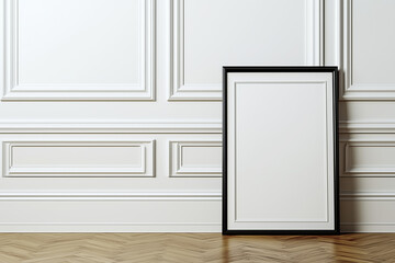 A black frame with a blank canvas leaning against an ornate white wall, perfect for showcasing artwork, posters, or interior design mockups in a classic setting