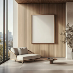 A modern interior featuring a blank frame on a light wooden wall, a cozy chair, and a large window with a city view, perfect for design mockups