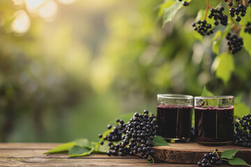 Glasses of fresh elderberry syrup and elderberries on a wooden table on a natural background.