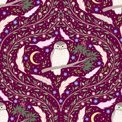 owl in the forest seamless pattern. owlet feather birdy botanical background. Good for fabric, fashion design, wallpaper, textile, wrapping paper.