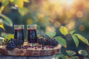 Glasses of fresh elderberry syrup and elderberries on a wooden table on a natural background.