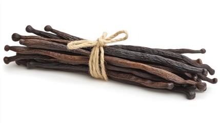 A bundle of fresh vanilla beans tied with a natural string, arranged neatly on a white background.