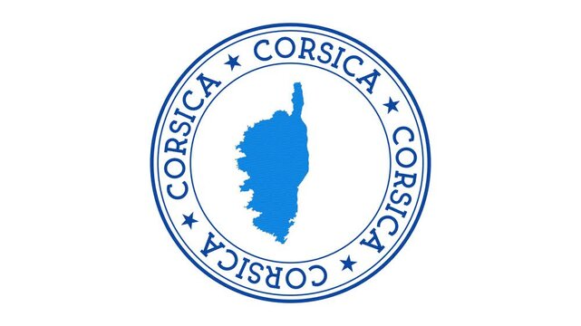 Corsica intro. Badge with the circular name and map of the island. Corsica round logo animation.