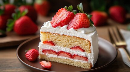 A slice of vanilla sponge cake topped with a layer of whipped cream and fresh strawberries.