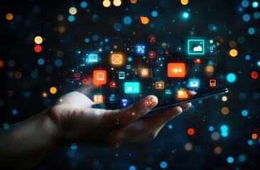 Hand Holding Smartphone with Digital Icons