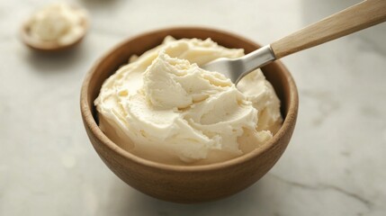 A small bowl of vanilla-flavored frosting with a spatula inside, showing its smooth, creamy consistency.