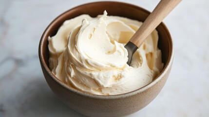 A small bowl of vanilla-flavored frosting with a spatula inside, showing its smooth, creamy consistency.