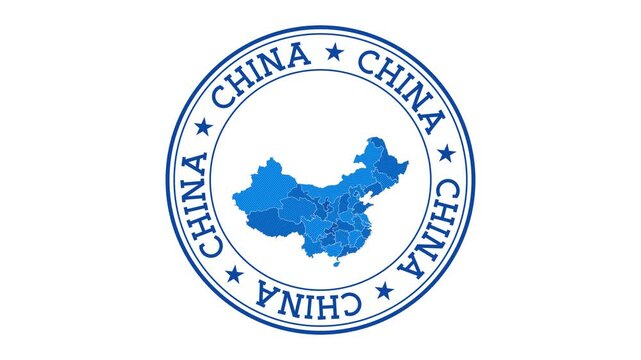 China intro. Badge with the circular name and map of the country. China round logo animation.