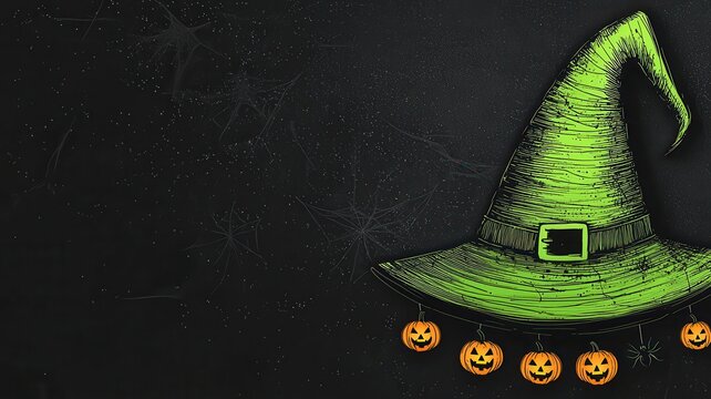 A spooky green witch hat adorned with orange pumpkins, set against a dark, eerie background, perfect for Halloween themes.