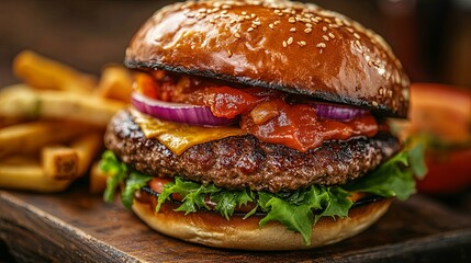 Juicy Beef Burger Topped with Ketchup, Cheese, and Red Onion