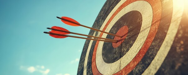 Three arrows hitting the center of a target, symbolizing precision and accuracy in a competitive archery sport landscape
