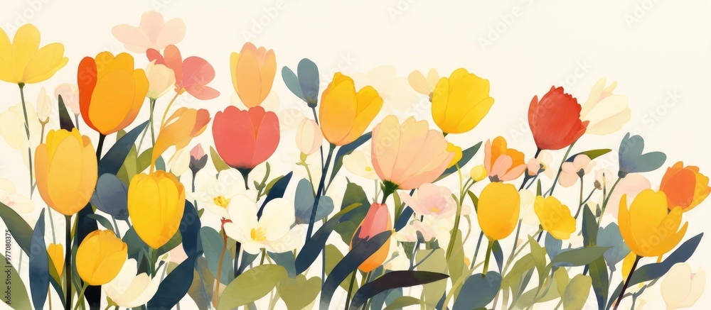 Wall mural painting of tulips in bloom featuring vibrant spring colors against a white backdrop