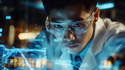 Focused scientist analyzing data on a transparent digital interface.