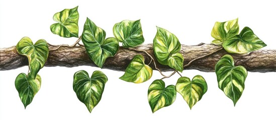 Painting of variegated green leaves of a climbing liana plant on a tree trunk featuring tropical jungle vines and foliage isolated on a white background with clipping path